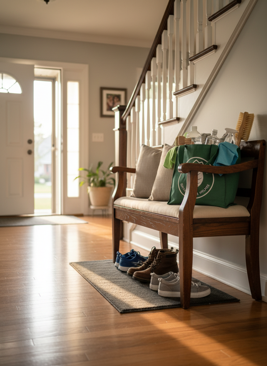 A cozy Twin Cities family home entryway, freshly cleaned and organized, with a polished wooden bench, neatly lined shoes on a clean mat, and a gleaming banister leading upstairs. A subtle logo-colored reusable tote bag filled with green cleaning supplies rests by the bench, hinting at a family-owned, eco-conscious cleaning business. Warm, late-afternoon light streams through the open front door, casting soft, welcoming shadows across the spotless floor. Photographic realism with an eye-level composition and gentle depth of field keeps the foreground sharply detailed while the hallway softly fades back. The mood is friendly, trustworthy, and homelike, evoking the feeling of coming back to a carefully cared-for space.