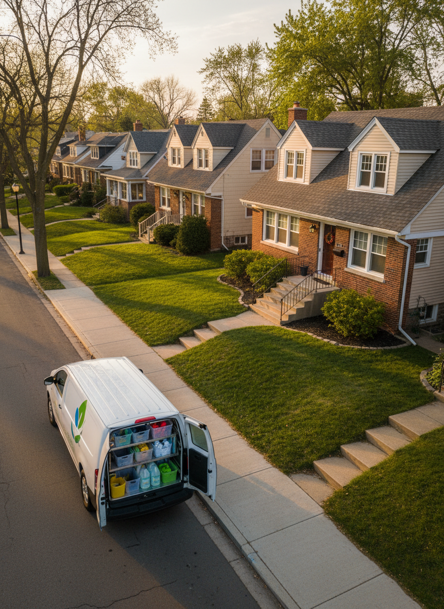 An aerial, photographic view of a quiet Twin Cities residential block in early evening, focusing on a row of well-kept homes with tidy, sunlit windows and clean front steps that subtly imply regular professional cleaning. A hybrid cleaning van with a simple, non-text logo-inspired design is parked curbside, its open back revealing organized bins of green cleaning products and color-coded microfiber cloths. Golden hour light bathes the scene, creating long, gentle shadows and a warm, neighborhood feel. The composition uses a wide lens and rule-of-thirds framing, balancing the van in the foreground with homes stretching into the distance. The mood is dependable, local, and community-centered, suggesting a trusted, eco-friendly service woven into Twin Cities life.