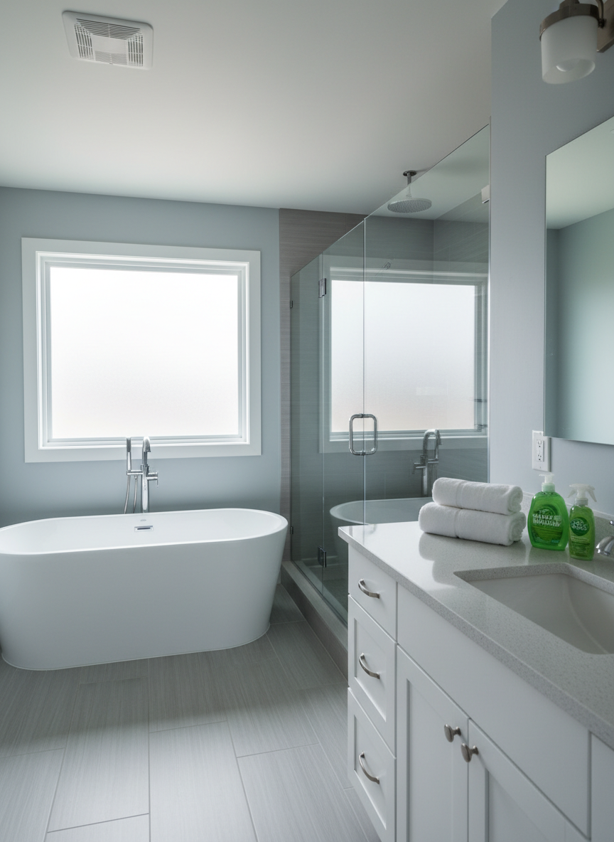 A modern Twin Cities bathroom just after a thorough eco-friendly sanitizing service, featuring a spotless white porcelain bathtub, crystal-clear glass shower doors, and a pristine quartz vanity top. A small cluster of green, plant-based cleaning products and neatly stacked, fluffy white towels sit on the counter as subtle indicators of the cleaning process. Natural overcast light filters through a frosted window, creating soft, even illumination with minimal shadows. Photographic realism with a slightly wide lens captures the full room, emphasizing polished chrome fixtures free of water spots and a freshly mopped tile floor. The mood is hygienic, serene, and reassuring, highlighting a high standard of sanitation without harsh chemicals.