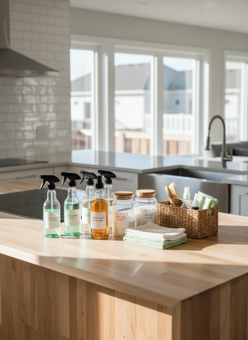 A bright Twin Cities kitchen island set up as a professional, eco-friendly cleaning station, featuring neatly arranged plant-based spray bottles, labeled glass jars of homemade cleaning solutions, folded white and green microfiber cloths, and a small caddy ready to be carried to the next room. The surrounding space—shimmering subway tile backsplash, freshly wiped counters, and a spotless induction cooktop—subtly showcases the results of a recent clean. Morning light pours in from a nearby window, creating crisp highlights and gentle shadows. Photographic realism with a centered, slightly elevated composition keeps the focus on the tools while hinting at a larger, well-maintained home. The atmosphere is organized, efficient, and professional, reinforcing trust in eco-conscious cleaning practices.