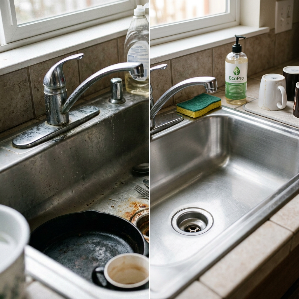 Kitchen sink containing dirty mugs, cutlery, and a skillet with food residue and stains